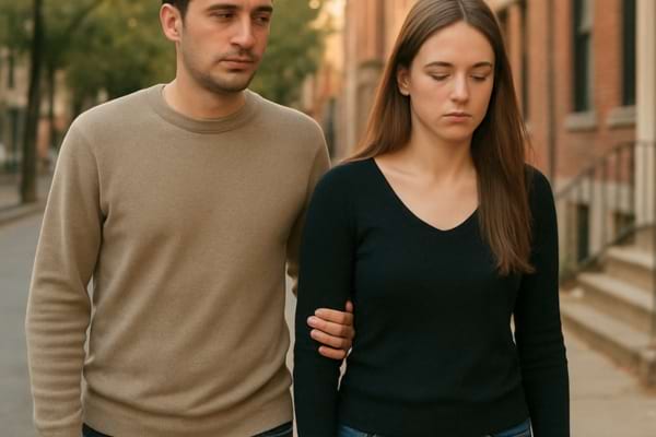 un homme touche l&eacute;g&egrave;rement le haut du bras de la femme sans contact des mains, distance &eacute;motionnelle