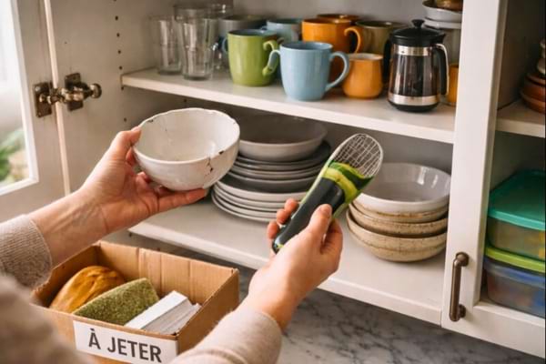 Cuisine, placard ouvert avec vaisselle, une main met de c&ocirc;t&eacute; un bol &eacute;br&eacute;ch&eacute; et un gadget