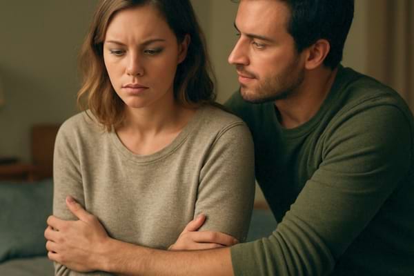 homme qui tente un c&acirc;lin tandis que la femme semble h&eacute;sitante ou pensive