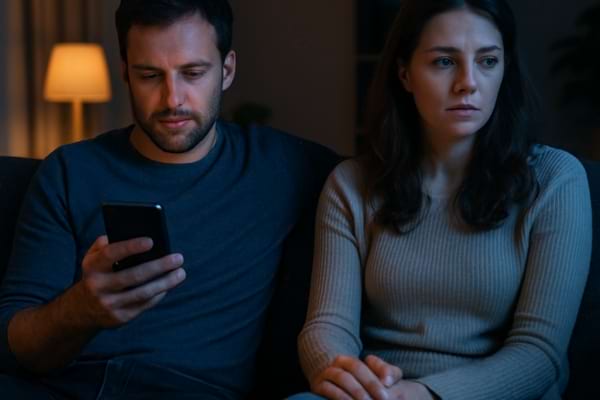 ouple sur un canap&eacute;, l&rsquo;homme tient un smartphone et regarde l&rsquo;&eacute;cran