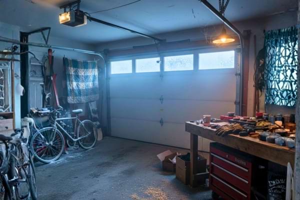 ntérieur d’un garage en hiver, lumière froide, on voit une porte de garage avec un léger jour
