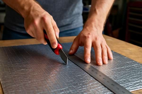 ersonne en train de découper un film isolant thermo-réflecteur avec un cutter