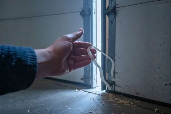 gros plan d’une main près du bas d’une porte de garage, on devine un courant d’air