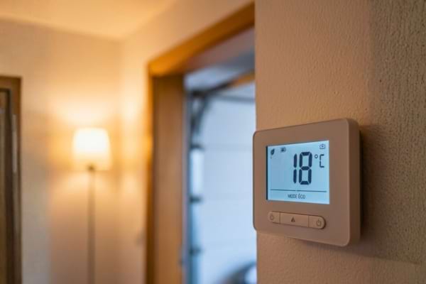 thermostat mural dans une maison avec arrière-plan flou d’une porte menant au garage