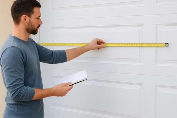 personne mesurant une porte de garage avec un mètre ruban