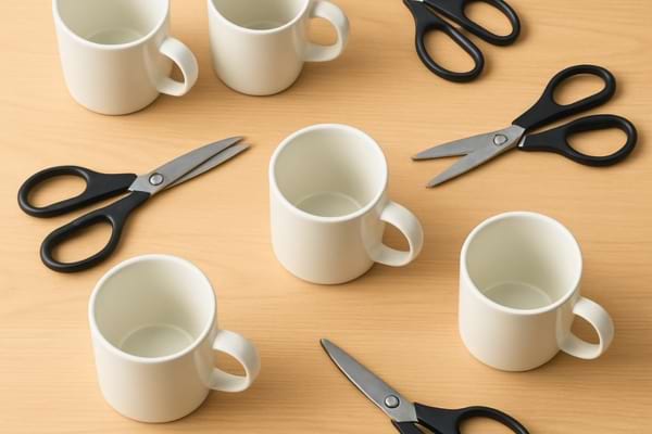 Plan de travail avec plusieurs objets identiques (mugs, ciseaux), tri en cours