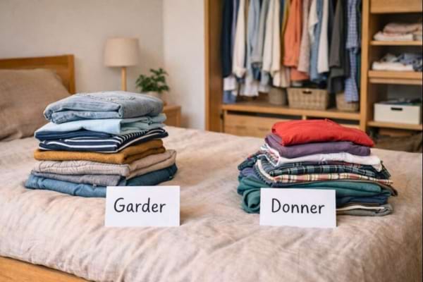Chambre, lit avec v&ecirc;tements en piles (garder/donner), penderie ouverte