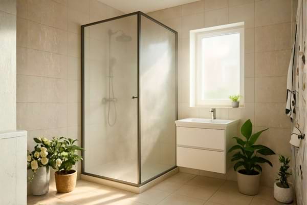 Salle de bain lumineuse moderne, douche avec paroi en verre, vapeur l&eacute;g&egrave;re