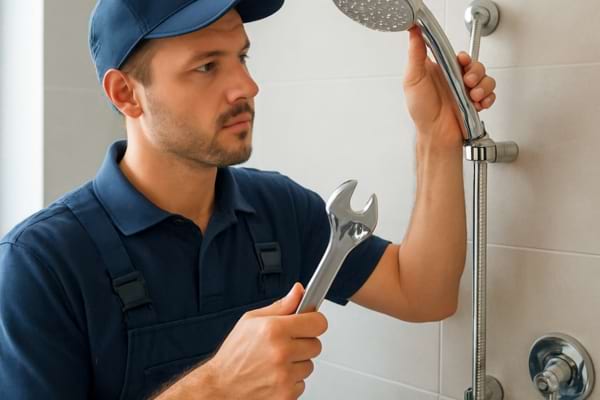 un plombier en tenue de travail inspectant une douchette 