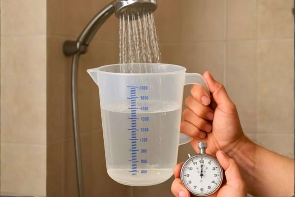 un test de d&eacute;bit sous la douche : main tenant un seau gradu&eacute; sous un jet d&rsquo;eau