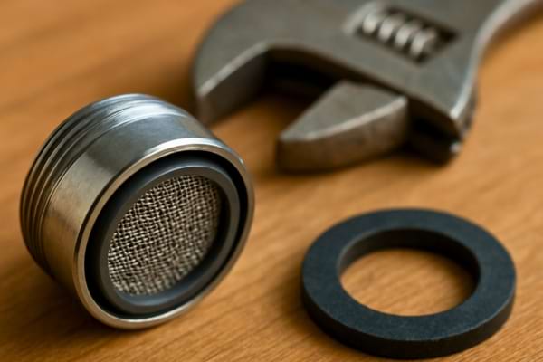 n a&eacute;rateur de robinet (mousseur) en gros plan et d&rsquo;un joint de robinet sur un plan de travail