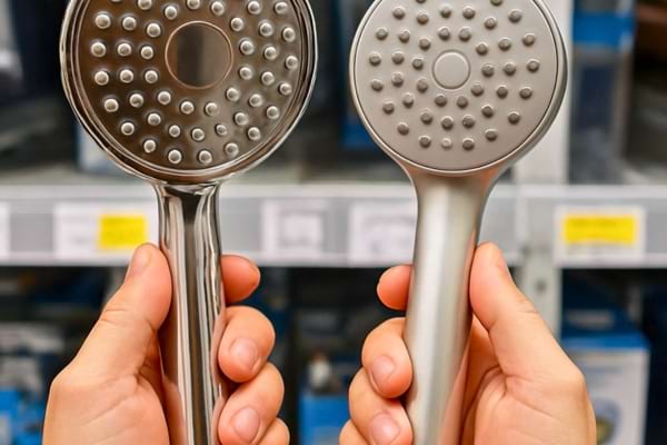 une main comparant deux pommeaux de douche 