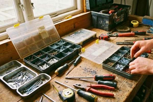 &Eacute;tabli ou table avec bo&icirc;tes compartiment&eacute;es, vis/chevilles, tournevis