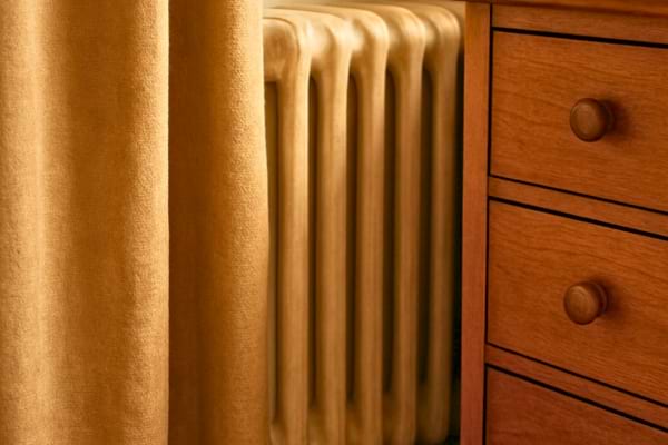 un radiateur derri&egrave;re un rideau &eacute;pais et une commode, chaleur bloqu&eacute;e