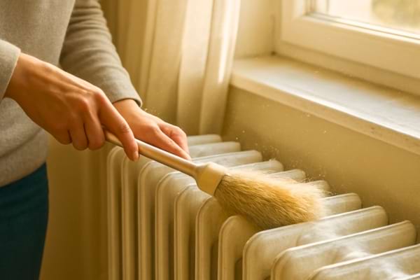 une personne d&eacute;poussi&eacute;rant un radiateur avec une brosse