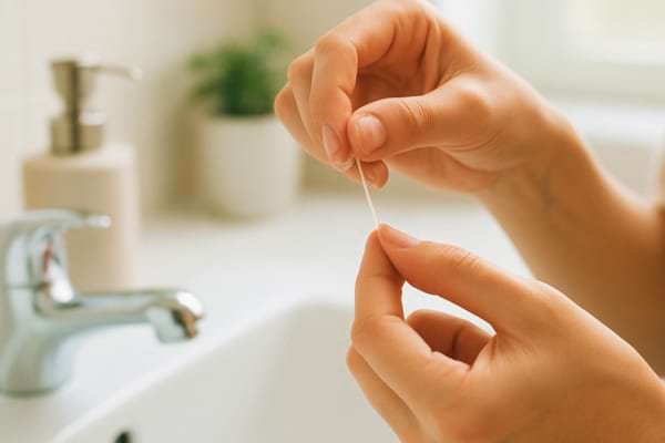 gros plan sur des mains prenant du fil dentaire pr&egrave;s d&rsquo;un lavabo