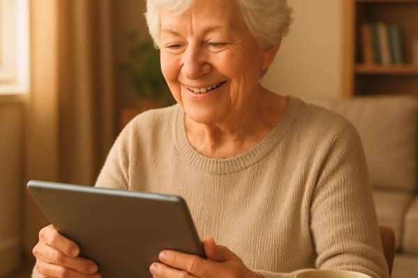 personne senior souriante apprenant sur une tablette ou un cahier,