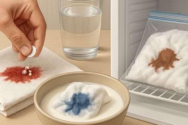 Des comprimes sont poses sur un linge tache avec de leau et du sel pour enlever une tache coloree a froid.