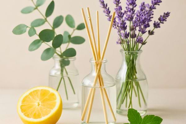 Des diffuseurs avec citron et lavande decorent une table pour parfumer naturellement la piece.