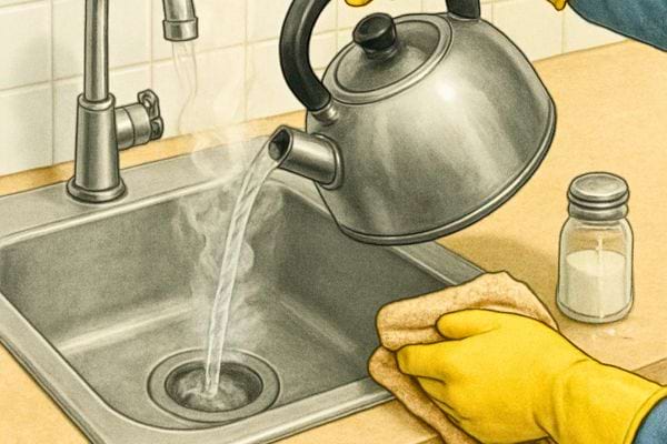 De l eau bouillante est versee dans un evier. La vapeur montre la chaleur elevee de l eau.