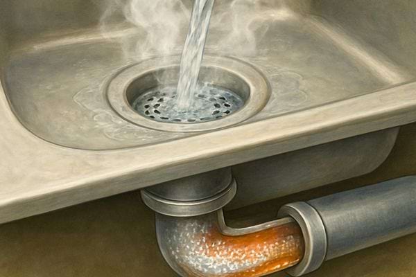 De l eau chaude s ecoule dans une canalisation visible sous l evier. L interieur du tuyau est montre.