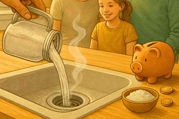 Une personne verse de l eau chaude dans l evier. Une famille observe la scene autour de la table.