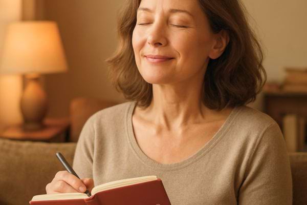 femme ecrivant dans un carnet les yeux fermes dans un salon chaleureux exprimant calme et gratitude