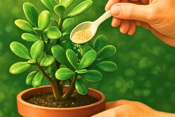 Main versant de l engrais en granules sur une plante jade cultivee en pot.