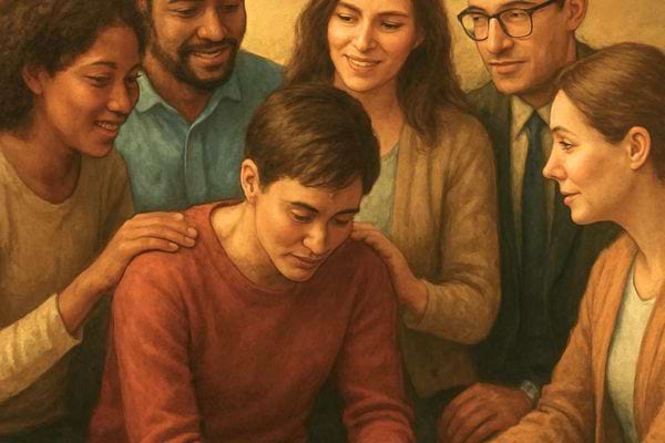 Plusieurs personnes entourent un homme triste. Les mains posees expriment soutien et solidarite collective.