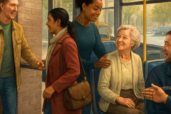 des personnes echangent et s entraident a bord d un bus dans une ambiance chaleureuse