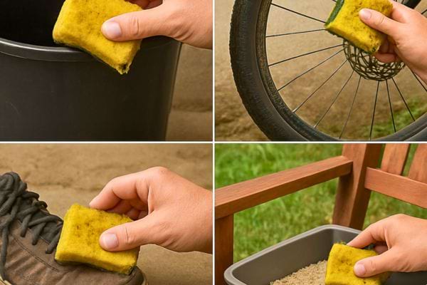 montage montrant une eponge utilisee pour nettoyer poubelle velo chaussure et bac