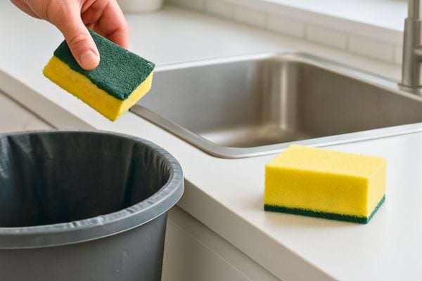 main tenant une eponge au dessus d une poubelle pres d un evier avec une autre eponge propre sur le plan