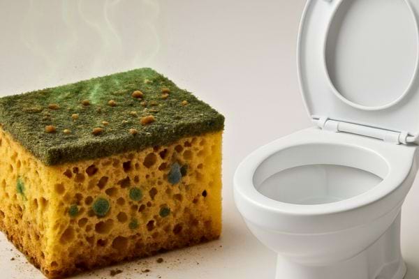 eponge tres sale posee pres de toilettes ouvertes illustrant un risque d hygiene et de bacteries