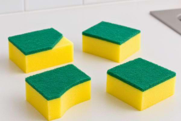 quatre eponges neuves alignees sur un plan de travail blanc prêtes a l usage