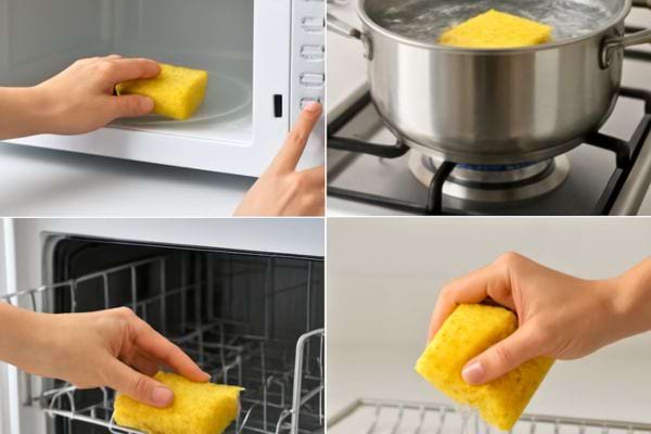 montage montrant une eponge utilisee dans un micro ondes une casserole bouillante un lave vaisselle et a la main