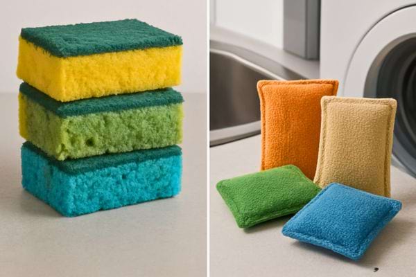 pile de trois eponges multicolores empilees verticalement sur une surface claire