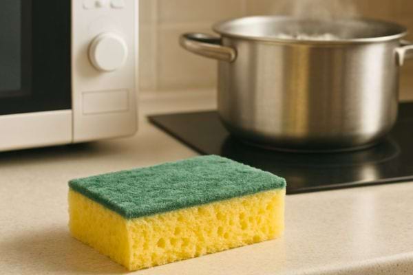 eponge jaune et verte posee sur un plan de travail pres d une casserole