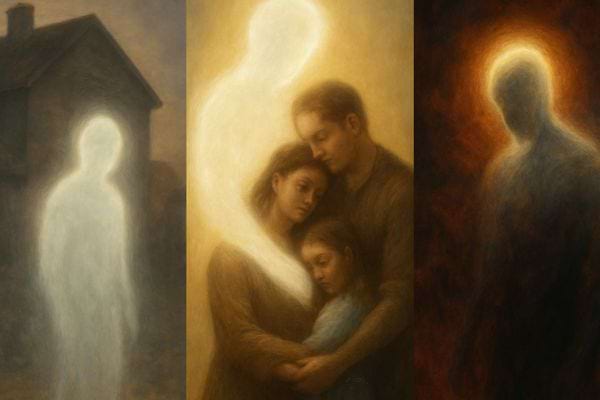 Trois scenes montrent des figures lumineuses veillant sur une famille dans une atmosphere douce et spirituelle.