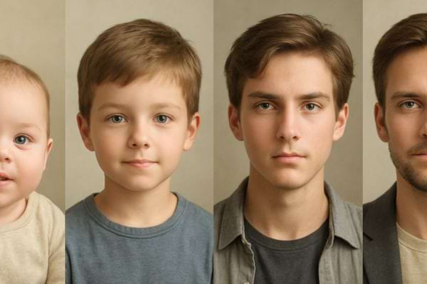 serie de portraits montrant la croissance dun homme du bebe a ladulte sur fond neutre