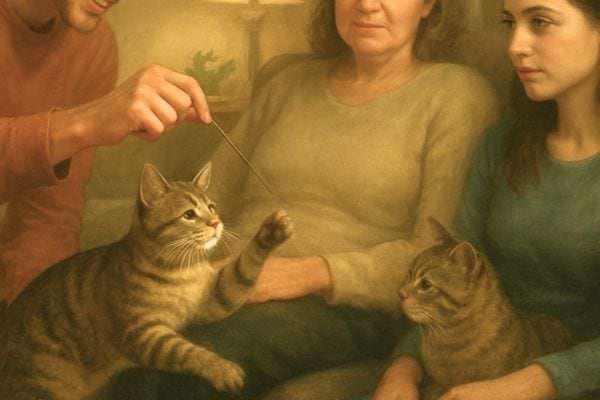 Une famille est assise autour de deux chats. Une main joue avec un jouet pendant que les chats observent calmement.