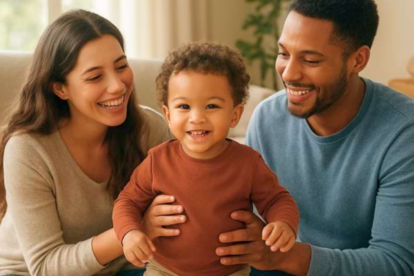 parents souriants jouant avec leur jeune enfant assis entre eux dans un salon lumineux