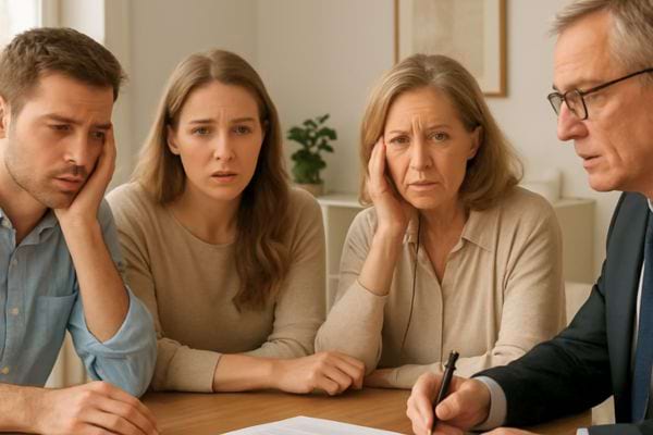 famille reunie autour d une table ecoute un conseiller avec des expressions inquiete et concentree