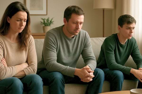Une famille est assise en silence sur un canape. Les regards baisses montrent un malaise et une situation difficile.