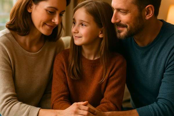 Une famille est reunie sur un canape. Les parents regardent leur fille avec tendresse et partagent un moment de complicite.