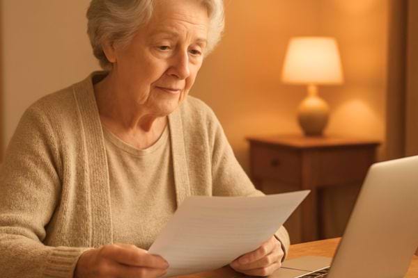 femme agee lit attentivement un document assise a une table avec un ordinateur portable allume