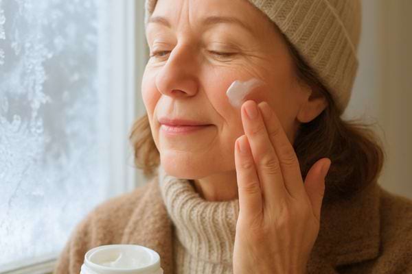 Une femme applique une creme sur son visage pres d une fenetre. La scene suggere soin douceur et protection.