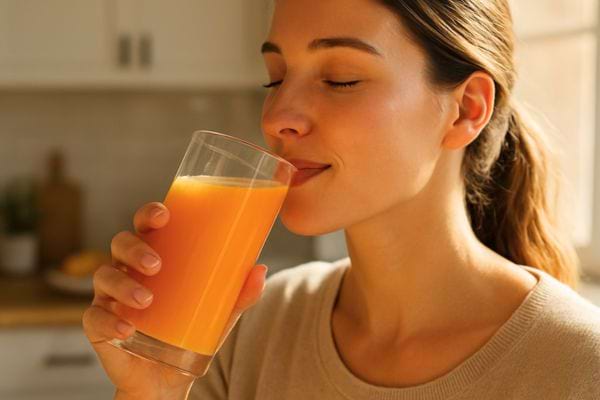 jeune femme les yeux fermes buvant un verre de jus orange dans une cuisine lumineuse