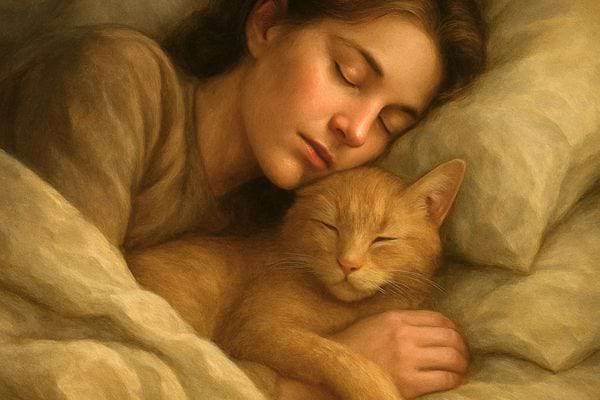 Une femme dort avec un chat dans ses bras. L image exprime douceur et apaisement.