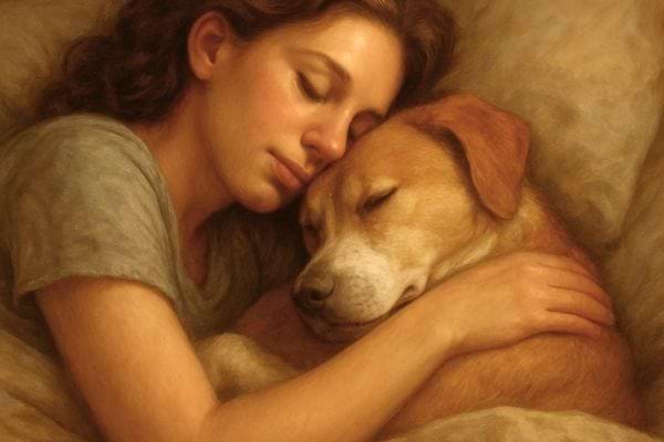 Une femme enlace son chien endormi. La scene illustre l amour et le lien affectif.