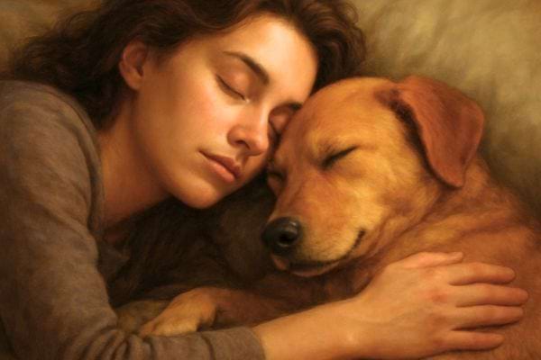 Gros plan d une femme endormie qui enlace son chien. La scene degage une forte tendresse.
